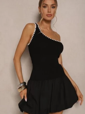 Czarna Sukienka Bombka o Kroju na Jedno Ramię z Ozdobną Lamówką Amovia lovery
