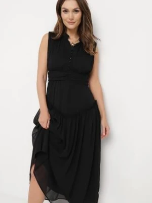 Czarna Sukienka Długa Rozkloszowana z Powlekanymi Guzikami Ingridesa bisou's project