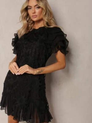 Czarna Sukienka Dopasowana Mini z Koronką i Falbankami Offiamea lovery