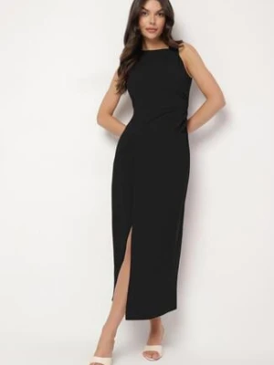 Czarna Sukienka Dopasowana z Bawełną i Wiskozą z Rozcięciem Turilia elsa.m by may