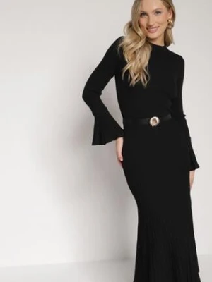 Czarna Sukienka Dzianinowa z Wiskozą z Rozszerzanymi Rękawami i Paskiem Retelva