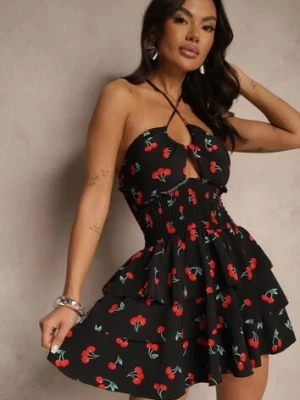 Czarna Sukienka Halter o Rozkloszowanym Kroju z Falbanami w Wisienki Lanelora defox