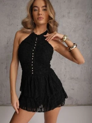 Czarna Sukienka Halter z Koronki Zdobiona Metalicznymi Guziczkami Corrarea allyson