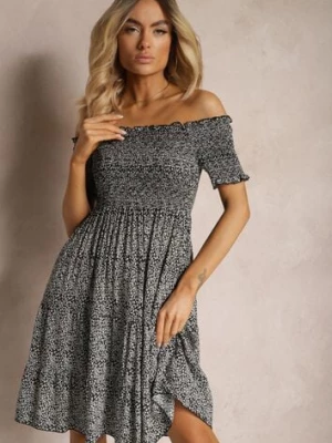 Czarna Sukienka Hiszpanka z Bawełny z Marszczonymi Gumkami i Falbanką Neasha defox