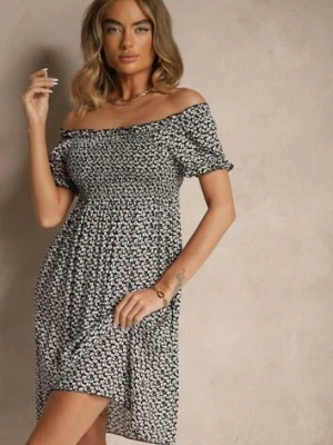 Czarna Sukienka Hiszpanka z Wiskozy z Kwiatowym Wzorem Mevandra j&x