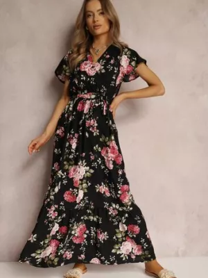 Czarna Sukienka w Kwiaty o Kopertowym Kroju z Wiązanym Paskiem Iphene cflo