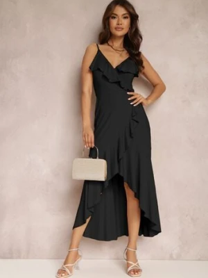 Czarna Sukienka o Kopertowym Kroju z Falbanką Klymora by swan