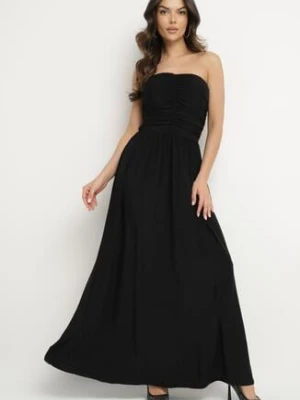 Czarna Sukienka Koktajlowa Bandeau z Wiskozą Ozdobiona Marszczeniem Nalithae by swan