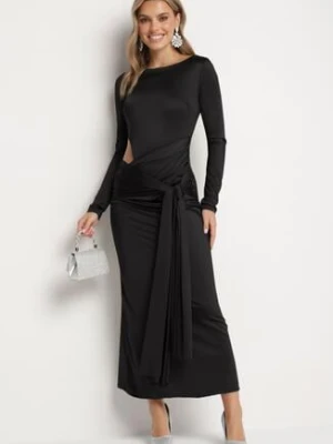 Czarna Sukienka Koktajlowa Ozdobiona Wiązaniem i Wycięciem Vamizola allyson