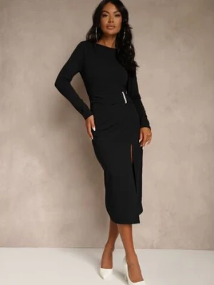 Czarna Sukienka Koktajlowa Vices Ozdobiona Perełkami i Marszczeniem Odarre