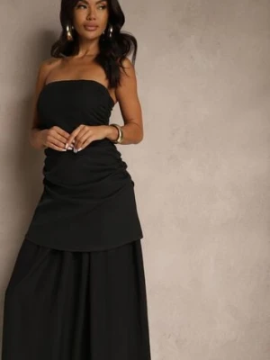 Czarna Sukienka Koktajlowa z Dekoltem Bandeau Ozdobiona Marszczeniem Folimmea allyson