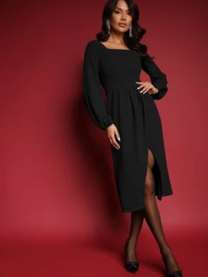 Czarna Sukienka Koktajlowa z Kwadratowym Dekoltem i Kopertowym Dołem Felinala