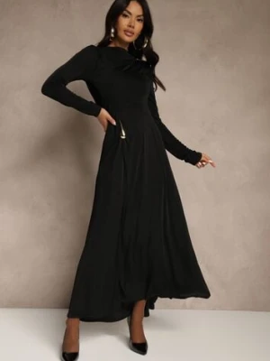 Czarna Sukienka Koktajlowa z Marszczeniem i Metaliczną Ozdobą Retanda allyson