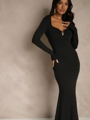 Czarna Sukienka Koktajlowa z Wiskozą i Metaliczną Klamrą przy Dekolcie Refire