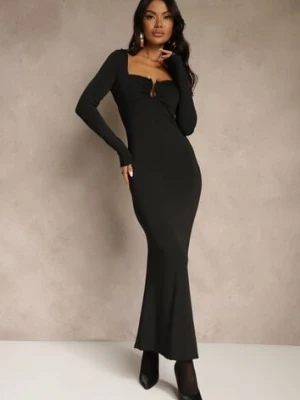 Czarna Sukienka Koktajlowa z Wiskozą Ozdobiona Metaliczną Aplikacją Refane