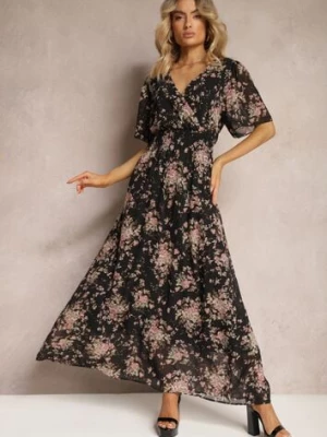 Czarno-Różowa Sukienka Kopertowa z Krótkim Rękawem Wiązana z Tyłu z Gumką w Talii Cristola m&d fashion