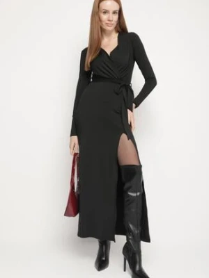Czarna Sukienka Kopertowa z Wiskozą Zdobiona Rozcięciem i Wiązanym Paskiem Teslea