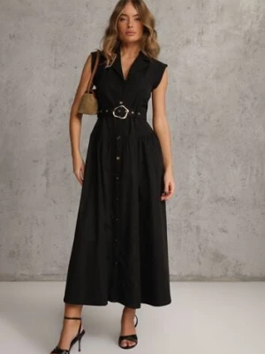 Czarna Sukienka Koszulowa Bez Rękawów z Paskiem i Metaliczną Klamrą Thespiphia