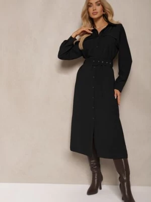 Czarna Sukienka Koszulowa o Rozkloszowanym Kroju z Paskiem i Kieszeniami z Klapami Rinnisa rosa