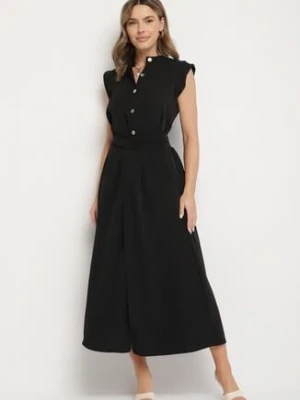 Czarna Sukienka Koszulowa o Rozkloszowanym Kroju z Wiązaniem w Pasie Mavirielle allyson