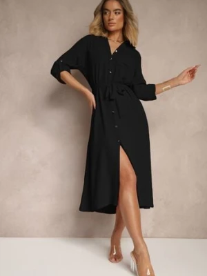 Czarna Sukienka Koszulowa Ozdobiona Paskiem Vivirielle j&x