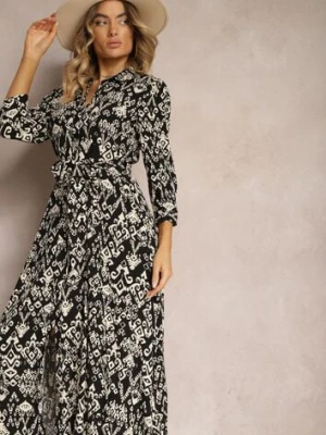 Czarna Sukienka Koszulowa Wiązana w Pasie w Etno Wzór z Wiskozy Lokaggia belcci