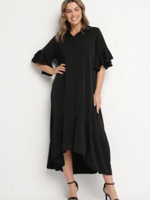 Czarna Sukienka Koszulowa z Ozdobną Falbanką Daviravie new collection