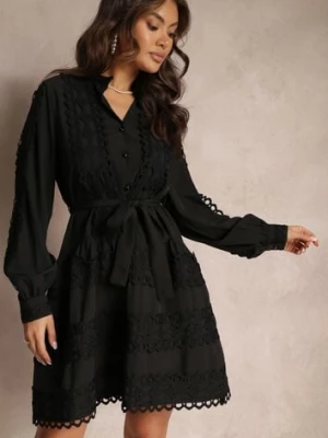 Czarna Sukienka Koszulowa z Wiązanym Paskiem i Ażurowymi Taśmami Deme elsa.m by may