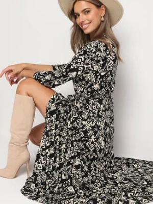 Czarna Sukienka Koszulowa z Wiskozy Ozdobiona Ornamentalnym Wzorem Hoarna belcci