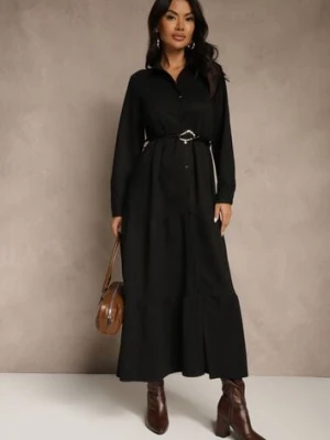 Czarna Sukienka Koszulowa z Wiskozy Ozdobiona Paskiem Retelsa melya by melody
