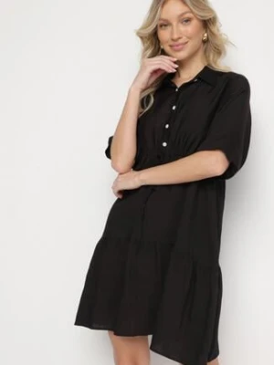 Czarna Sukienka Koszulowa z Wiskozy z Kołnierzykiem i Wiązaniem Nanieria cflo