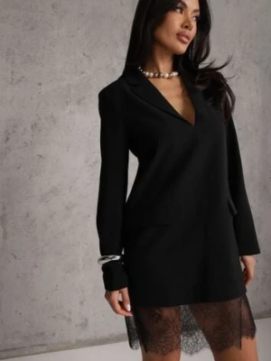 Czarna Sukienka-Marynarka VICES o Pudełkowym Kroju z Ozdobną Koronką Cheridine