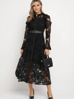 Czarna Sukienka Maxi Koronkowa z Paskiem z Ekoskóry Dodatkowo Halka Fesumma lovery
