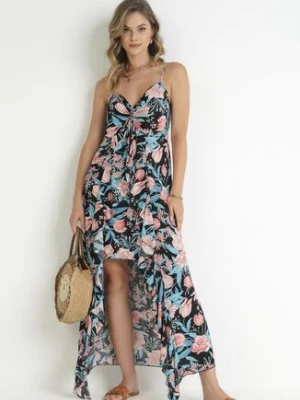 Czarna Sukienka Maxi na Cienkich Ramiączkach z Dłuższym Tyłem Holtisa j&x