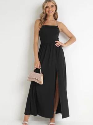 Czarna Sukienka Maxi na Ramiączkach z Rozcięciem na Dole i Kwadratowym Dekoltem Jacklyn