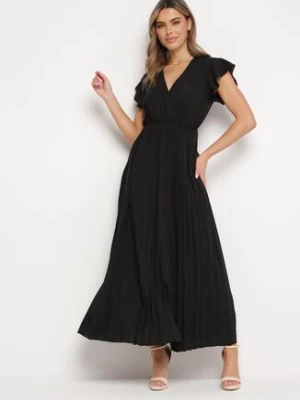 Czarna Sukienka Maxi Plisowana z Kopertową Górą Rozkloszowany Fason Anelea
