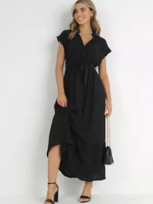 Czarna Sukienka Maxi Wiązana W Pasie z Gumką w Talii Vynyndu cflo