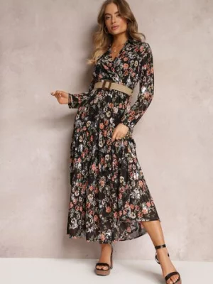 Czarna Sukienka Maxi z Plecionym Paskiem i Gumką w Talii w Kwiaty Elanisa rosa