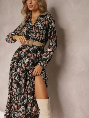 Czarna Sukienka Maxi z Plecionym Paskiem i Gumką w Talii w Kwiaty Elanisa Rosa