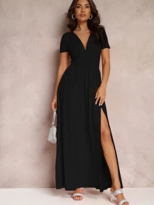 Czarna Sukienka Maxi z Rozkloszowanym Dołem i Rozcięciem Zarya by swan