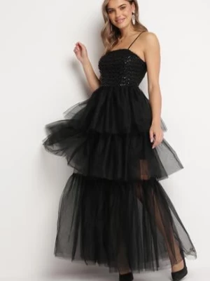 Czarna Sukienka Maxi z Tiulowymi Falbanami i Ozdobnymi Cekinami Joliette