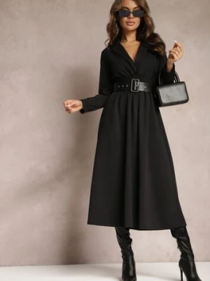 Czarna Sukienka Midi o Rozkloszowanym Fasonie z Trójkątnym Dekoltem i Gumką w Pasie Lunaia j studio