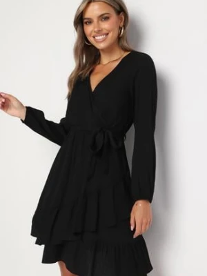 Czarna Sukienka Midi z Kopertowym Dekoltem i Materiałowym Paskiem Jomera rosa