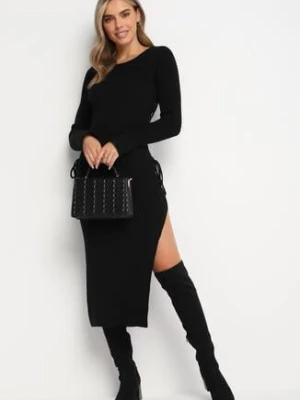 Czarna Sukienka Midi z Prążkowanej Dzianiny z Wiązaniami po Bokach Aramelia jus de pom