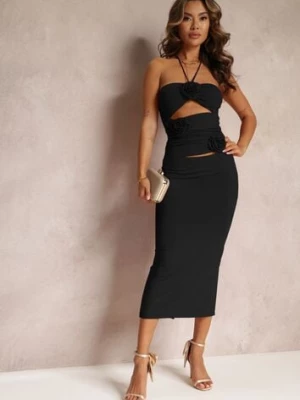 Czarna Sukienka Midi z Wiązaniem i Wycięciem Ozdobiona Kwiatami Zanephone lovery