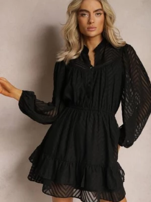 Czarna Sukienka Mini w Skośne Paski o Rozkloszowanym Fasonie z Gumką w Talii Tennari retro & icone