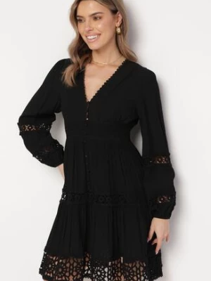 Czarna Sukienka Mini z Ażurowymi Wstawkami i Gumką w Talii Raliasa