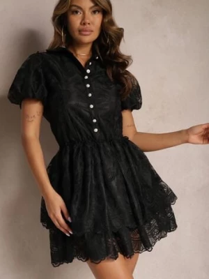 Czarna Sukienka Mini z Bufiastymi Rękawami i Guzikami Ozdobiona Kwiatową Koronką Eia elsa.m by may