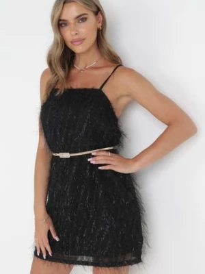 Czarna Sukienka Mini z Cienkimi Frędzlami i Kwadratowym Dekoltem Lockia vices