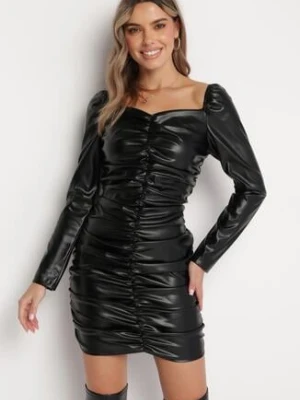 Czarna Sukienka Mini z Ekoskóry z Ozdobnymi Marszczeniami Stellanie